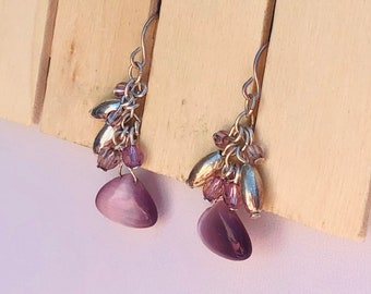 Silver and purple beaded dangle drop earrings