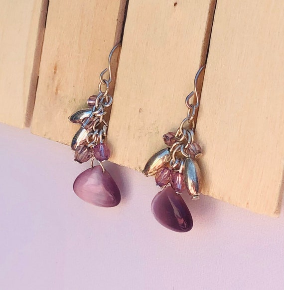 Silver and purple beaded dangle drop earrings - image 1