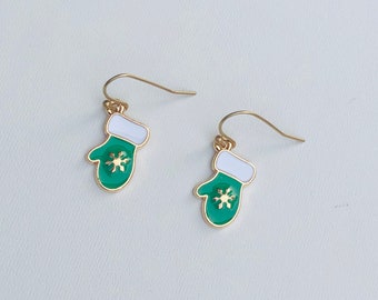 Cute gold and green enamel Christmas mitten earrings