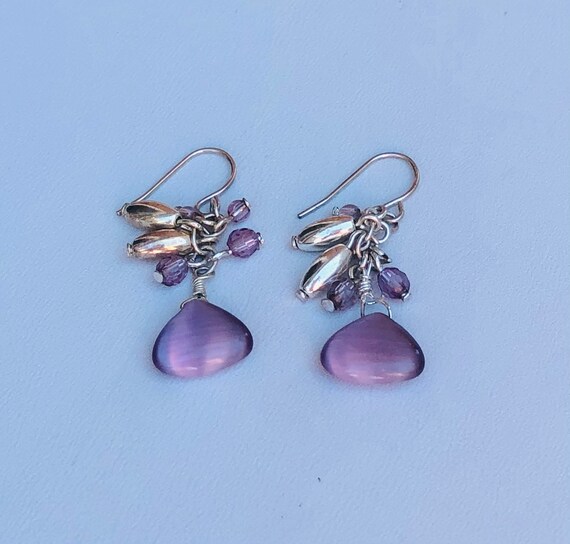 Silver and purple beaded dangle drop earrings - image 3