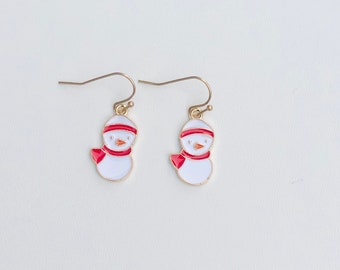 Christmas red and white enamel snowman earrings
