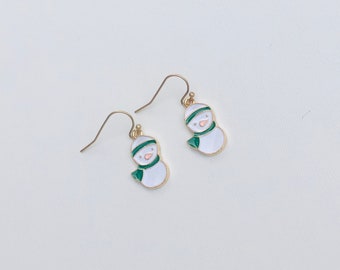 Cute green and white enamel Christmas snowman earrings