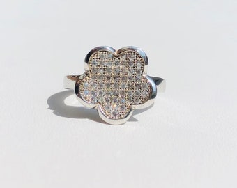 Hallmarked sterling silver and cubic zirconia flower shaped statement ring