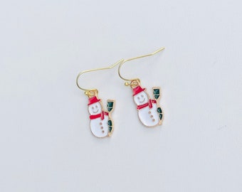 Super fun gold white red and green enamel Christmas snowman earrings