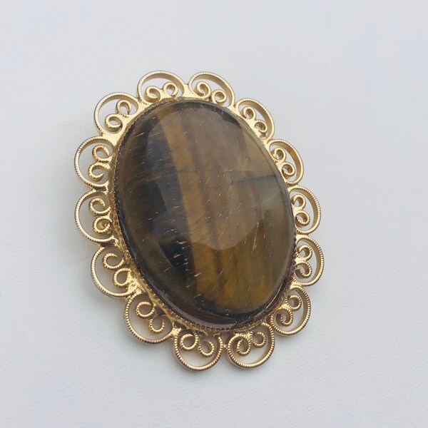 Large vintage gold tone and tigers eye converter brooch/pendant