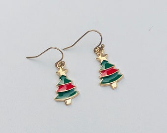 Cute gold red and green enamel Christmas tree earrings