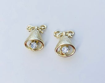 Vintage gold tone and clear stone festive bell clip on earrings