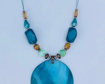 Teal shell and bead necklace