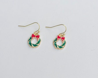 Fun gold red and green enamel Christmas wreath earrings