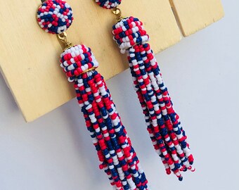 Fun pair of red white and blue bead chandelier stud earrings