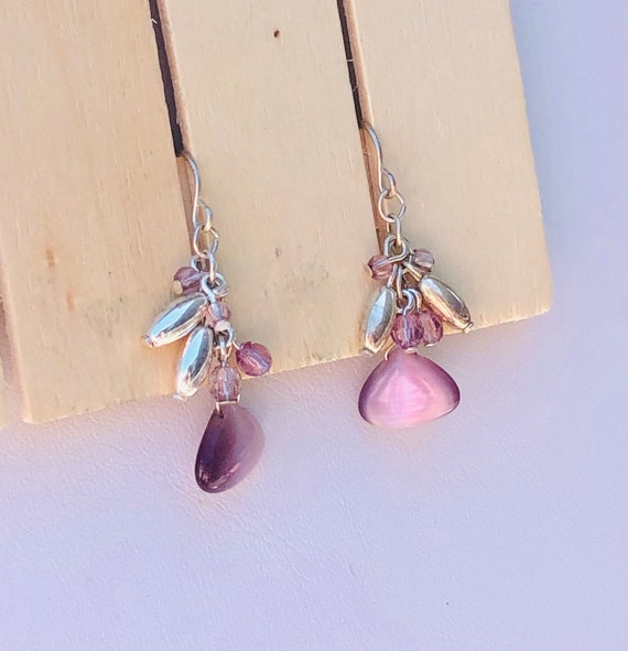 Silver and purple beaded dangle drop earrings - image 2