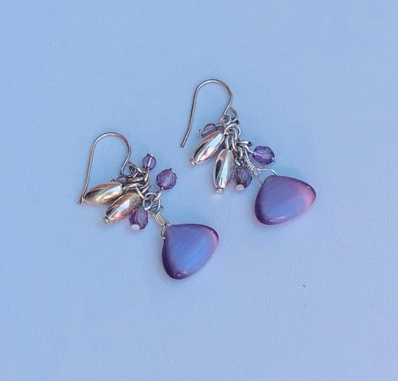 Silver and purple beaded dangle drop earrings - image 4