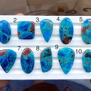 Peut inclure: Collection de dix pierres précieuses polies, chacune avec une forme et un motif uniques. Les pierres présentent un mélange vibrant de bleus, turquoises et bruns. Les pierres sont disposées sur une surface blanche, numérotées de un à dix.