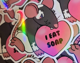 Ratty Sweetheart Holo Sticker - I eat soap meme cursed furry rat sticker 3 inch