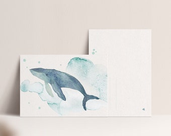 Postcard "Whale" • Card with hand-painted watercolor motifs, humpback whale swimming in the ocean