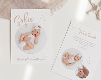 Babykarte Pastell auf Naturpapier, 25 Stück im Set | Danksagung Geburt individuell mit Foto