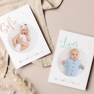 Personalisiert "Baby Danksagung Geburt" • 25 Stück im Set • Pastell Kreise Danksagung Baby mit Foto rosa oder mint