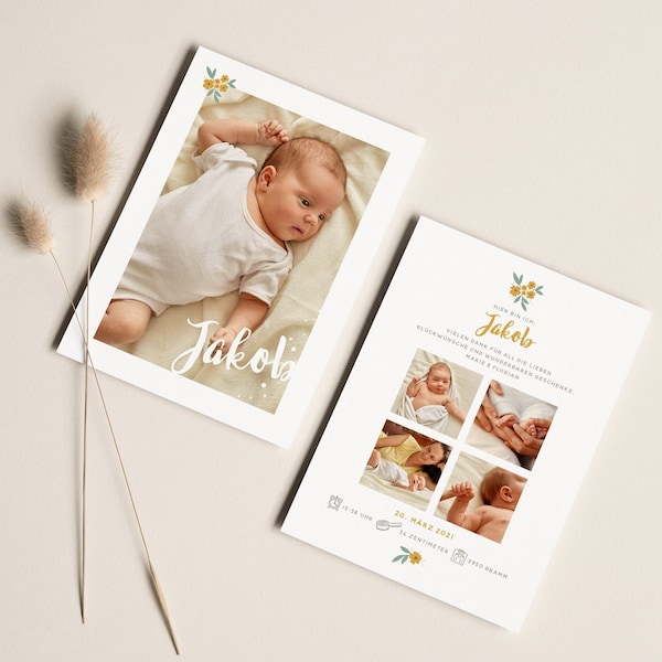 Babykarte auf Naturpapier, 25 Stück im Set im Blümchen Design | Danksagung Geburt mit Foto