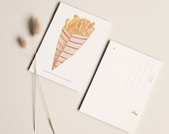 Postcard “French fries” • Card with hand-painted watercolor motifs, fries in a bag with the saying “French fries are fried sunbeams”