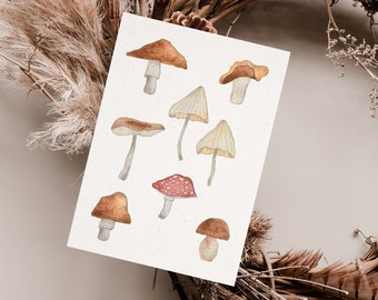 Carte postale « Champignons » • Aquarelle peinte à la main • Carte de voeux d'automne