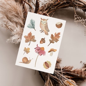 Postkarte „Herbstliebe" • Aquarell handgemalt • Glückwunschkarte Geburtstag Wald Eule