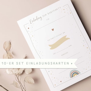 10-er Set "Einladung Babyparty" Karten • Handgemalt • Regenbogen Einladungskarte Baby