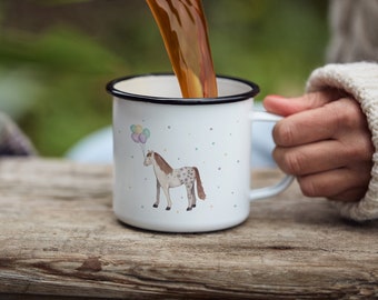 Party Pony enamel mug with hand-painted watercolor motifs