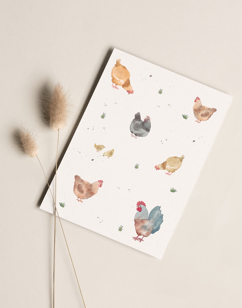 Carte postale « Poulets » • Aquarelle peinte à la main • Carte de vœux de Pâques Ohne Briefumschlag