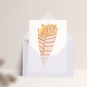 Carte postale « Frites » • Frites dans un sachet avec l'inscription « Les frites sont des rayons de soleil frits » Mit Umschlag Transp.
