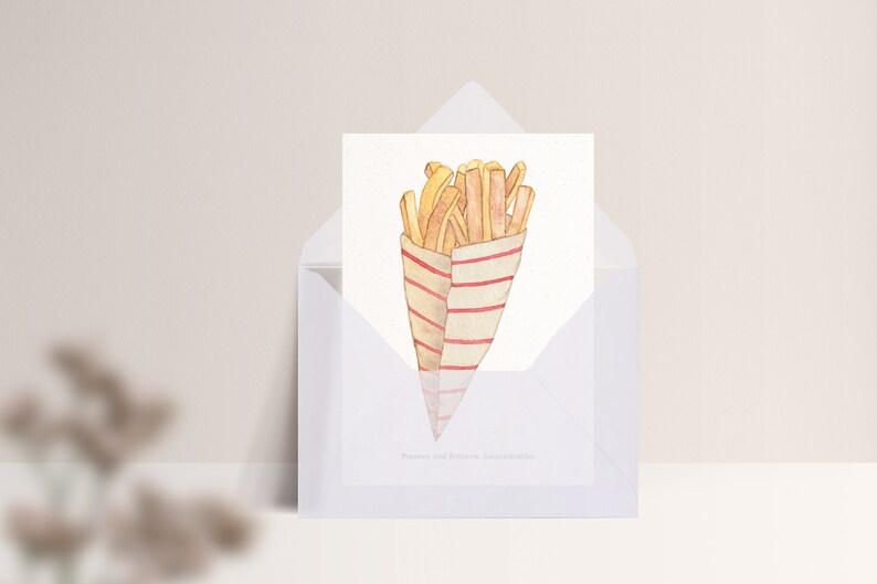 Carte postale « Frites » • Frites dans un sachet avec l'inscription « Les frites sont des rayons de soleil frits » Mit Umschlag Transp.