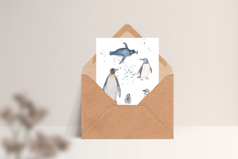 Carte postale « Pingouins » • Aquarelle peinte à la main • Carte de félicitations, carte anniversaire, amour des animaux Mit Umschlag Kraft