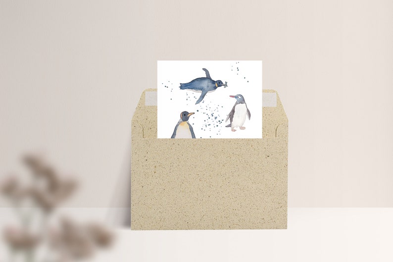Carte postale « Pingouins » • Aquarelle peinte à la main • Carte de félicitations, carte anniversaire, amour des animaux Mit Umschlag Gras