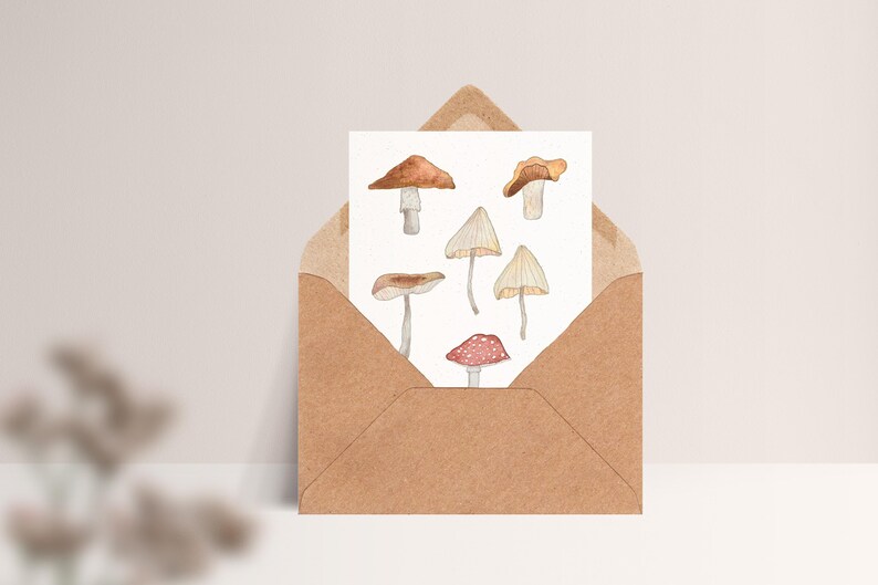 Carte postale « Champignons » • Aquarelle peinte à la main • Carte de voeux d'automne Mit Umschlag Kraft