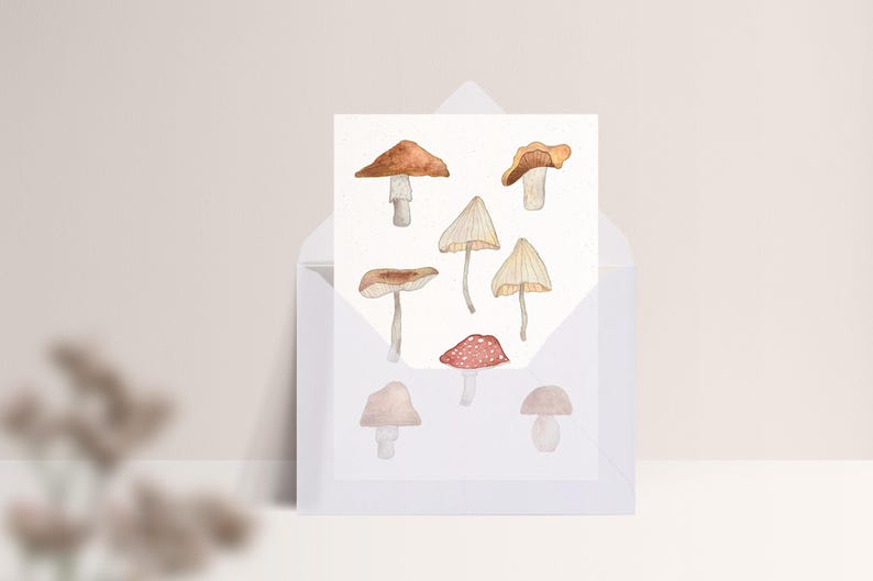 Carte postale « Champignons » • Aquarelle peinte à la main • Carte de voeux d'automne Mit Umschlag Transp.