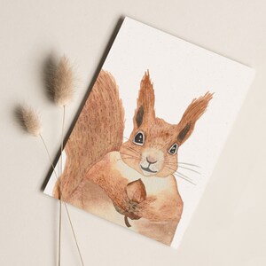 Carte postale « Écureuil » • Aquarelle peinte à la main • Carte de voeux d'anniversaire pour animaux de la forêt Ohne Briefumschlag