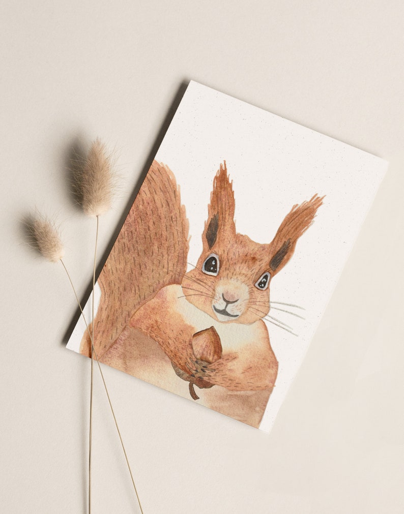 Carte postale « Écureuil » • Aquarelle peinte à la main • Carte de voeux d'anniversaire pour animaux de la forêt Ohne Briefumschlag