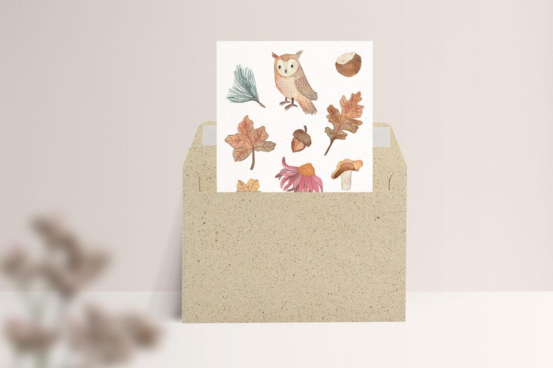 Carte postale « Amour d'automne » • Aquarelle peinte à la main • Carte de voeux d'anniversaire hibou des forêts Mit Umschlag Gras