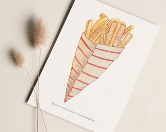 Carte postale « Frites » • Frites dans un sachet avec l'inscription « Les frites sont des rayons de soleil frits »