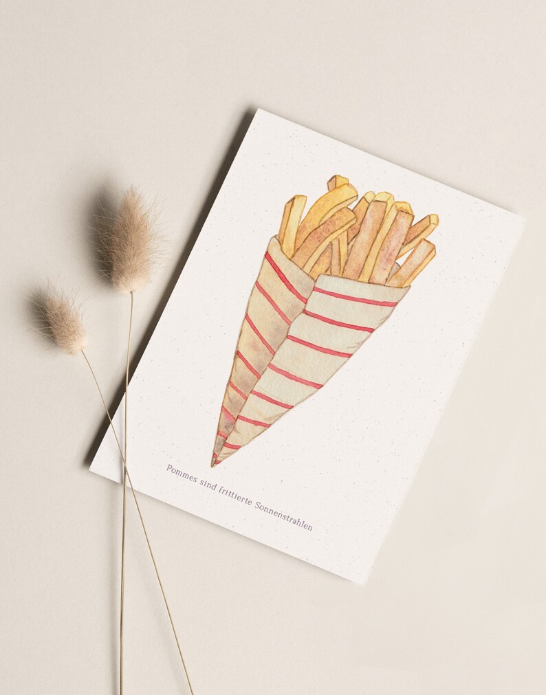 Carte postale « Frites » • Frites dans un sachet avec l'inscription « Les frites sont des rayons de soleil frits » Ohne Briefumschlag