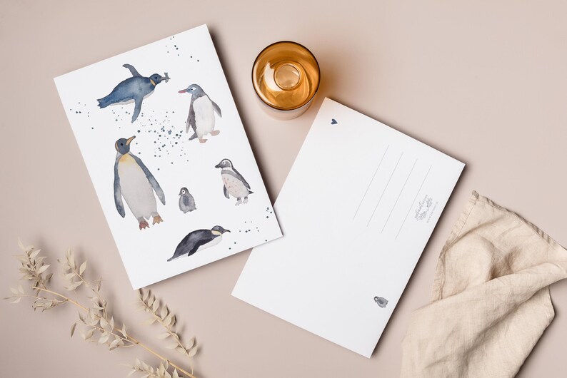 Carte postale « Pingouins » • Aquarelle peinte à la main • Carte de félicitations, carte anniversaire, amour des animaux image 3