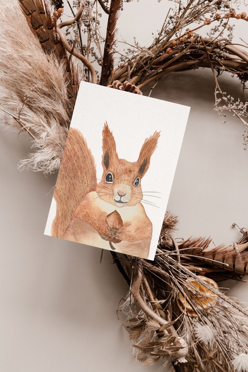 Carte postale « Écureuil » • Aquarelle peinte à la main • Carte de voeux d'anniversaire pour animaux de la forêt image 1