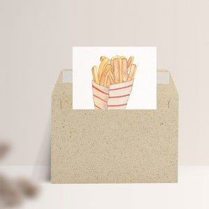 Carte postale « Frites » • Frites dans un sachet avec l'inscription « Les frites sont des rayons de soleil frits » Mit Umschlag Gras
