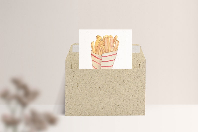 Carte postale « Frites » • Frites dans un sachet avec l'inscription « Les frites sont des rayons de soleil frits » Mit Umschlag Gras