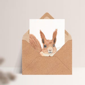 Carte postale « Écureuil » • Aquarelle peinte à la main • Carte de voeux d'anniversaire pour animaux de la forêt Mit Umschlag Kraft