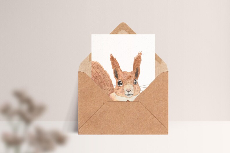 Carte postale « Écureuil » • Aquarelle peinte à la main • Carte de voeux d'anniversaire pour animaux de la forêt Mit Umschlag Kraft
