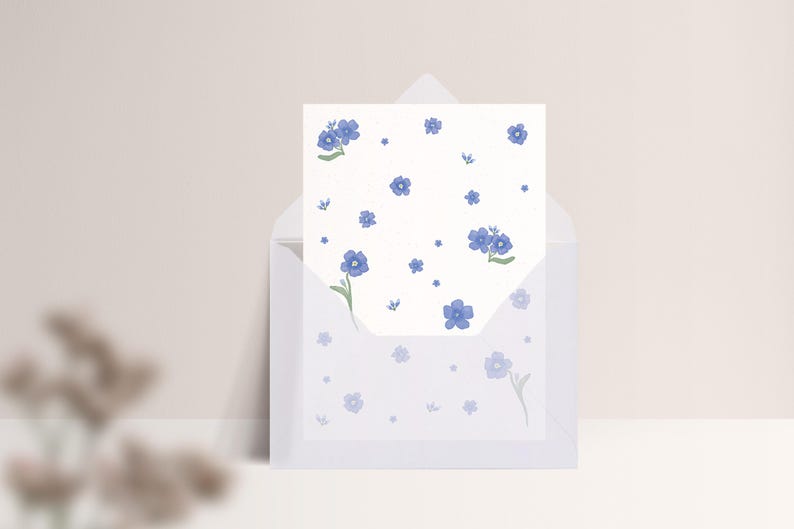 Carte postale « Ne m'oubliez pas » • Aquarelle peinte à la main • Carte de vœux florale, carte de deuil Mit Umschlag Transp.