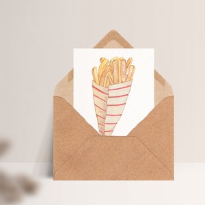 Carte postale « Frites » • Frites dans un sachet avec l'inscription « Les frites sont des rayons de soleil frits » Mit Umschlag Kraft