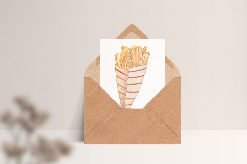 Carte postale « Frites » • Frites dans un sachet avec l'inscription « Les frites sont des rayons de soleil frits » Mit Umschlag Kraft