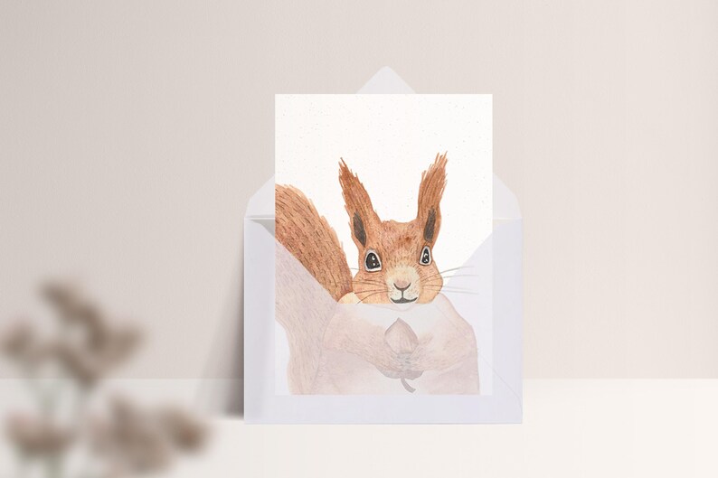 Carte postale « Écureuil » • Aquarelle peinte à la main • Carte de voeux d'anniversaire pour animaux de la forêt Mit Umschlag Transp.