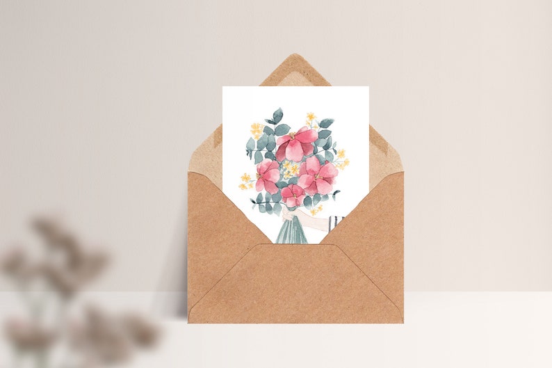 Carte postale « Bouquet de Fleurs » • Aquarelle peinte à la main • Carte de voeux fête des mères Mit Umschlag Kraft